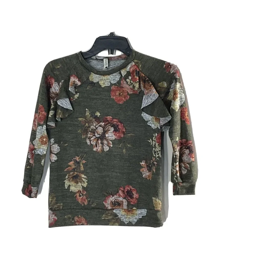 Pomelo Top Boutique‎ Ruffle SMALL Floral Sweater 3/4 Sl Stretch JUNIOR Cute